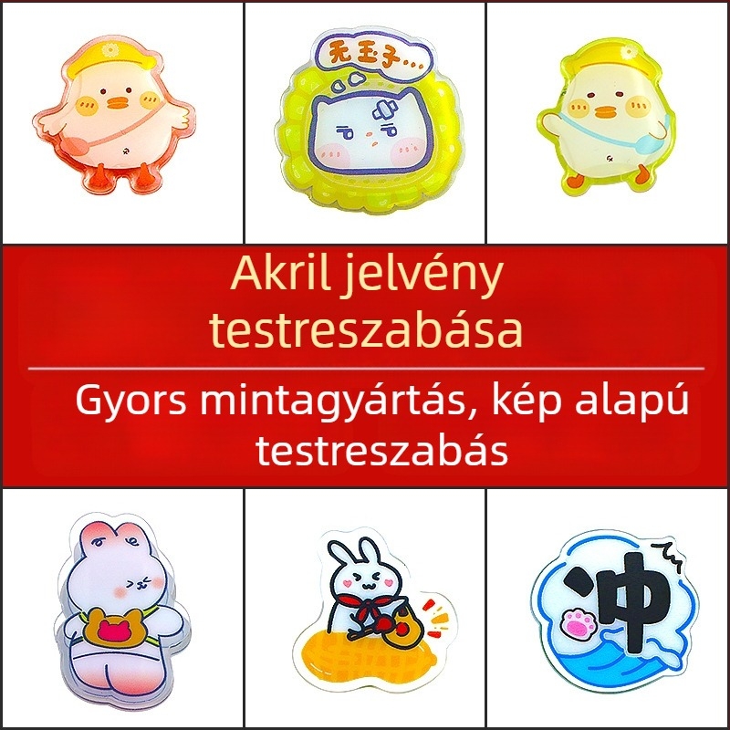 Egyedi jelvények karikatúra motívumokkal, akril névtáblák, brošok és kitűzők, DIY tervezési kiegészítők