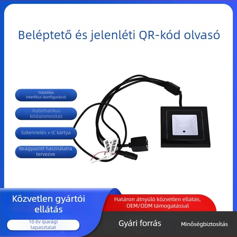 Hozzáférés-ellenőrző 1D/2D kódolvasó modul NFC-kártyaolvasóval, TCP/IP kommunikációval, QR-kód modul, 86x86x32 mm ház