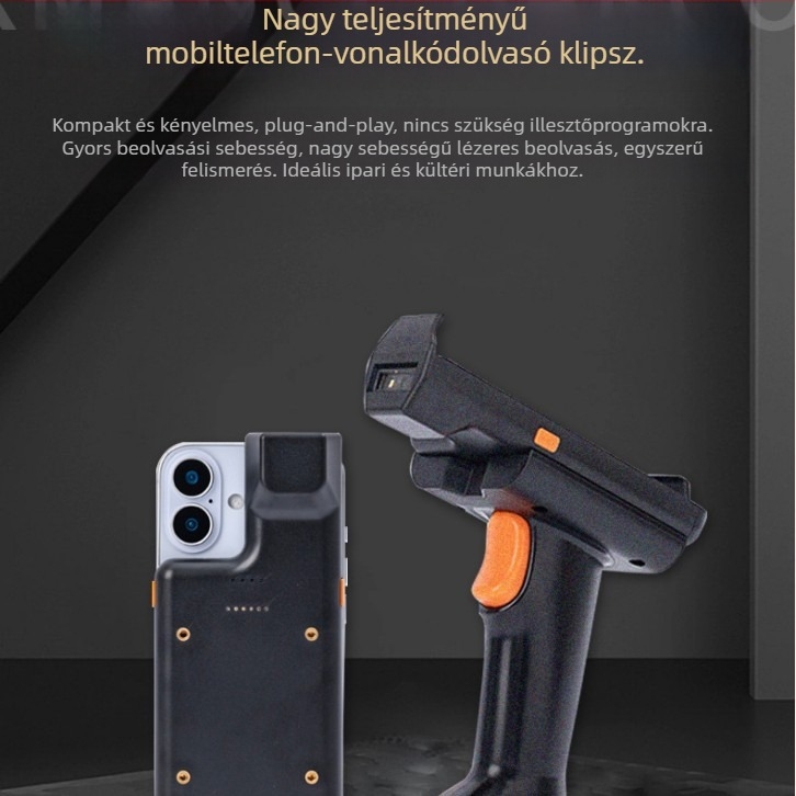 Kézi PDA terminál vezeték nélküli Bluetooth barcode olvasóval, klippel a hordozáshoz, ID- és 2D-kódok olvasásához.