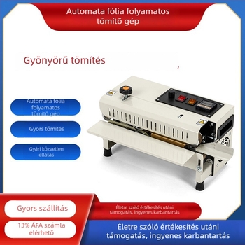 FR400 automata, folyamatos filmzáró gép műanyag tasakokhoz és alumíniumfóliás zacskókhoz, teakeverékek csomagolásához