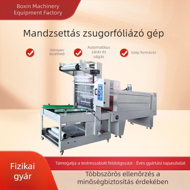 Félautomata mandzsettás fóliázó gép ásványvíz habdobozokhoz, műanyag zárás és hőszorító csomagolás