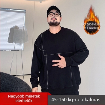 Férfi kerek nyakú pulóver fleece béléssel, téli viselet, bő szabás, plusz méret, hétköznapi