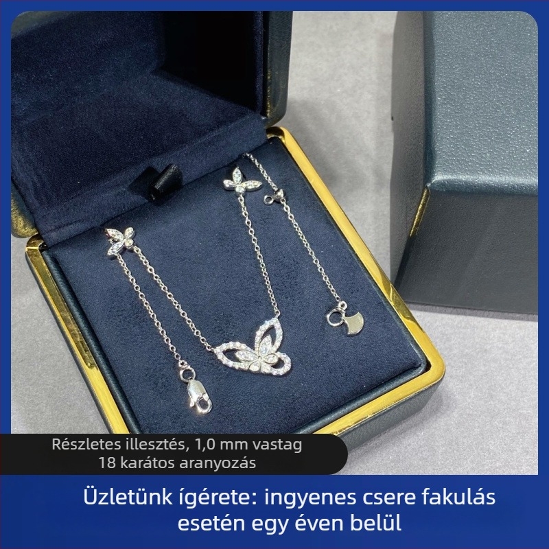 Gyöngyös láncú nyaklánc ezüst pillangómedállal, teljes gyémántokkal, kettős pillangók, rózsaszín gyémántok, 18K rózsaszín arany bevonat, hossz 41–50 cm.