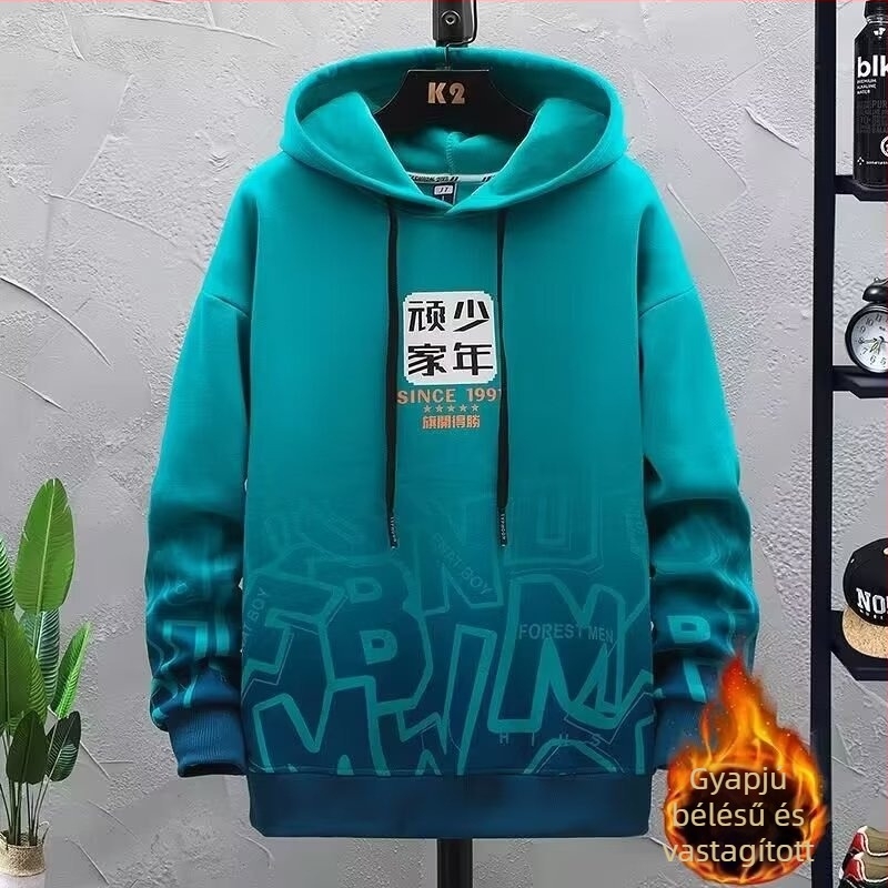 Tinédzser fiúk számára bélelt kapucnis pulóver fleece béléssel, koreai stílusú téli