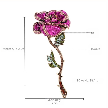 Rózsa motívumú brooch strasszokkal, luxus fém dísz ruházathoz