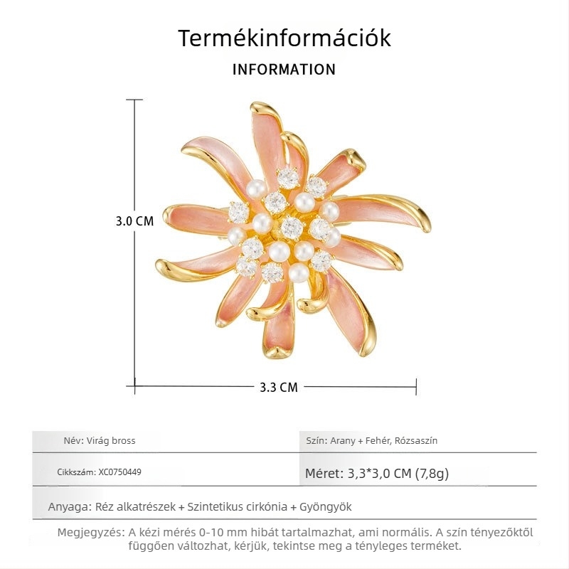 Rózsaszín olajcsepp virág brooch nőknek, elegáns divatos kiegészítő