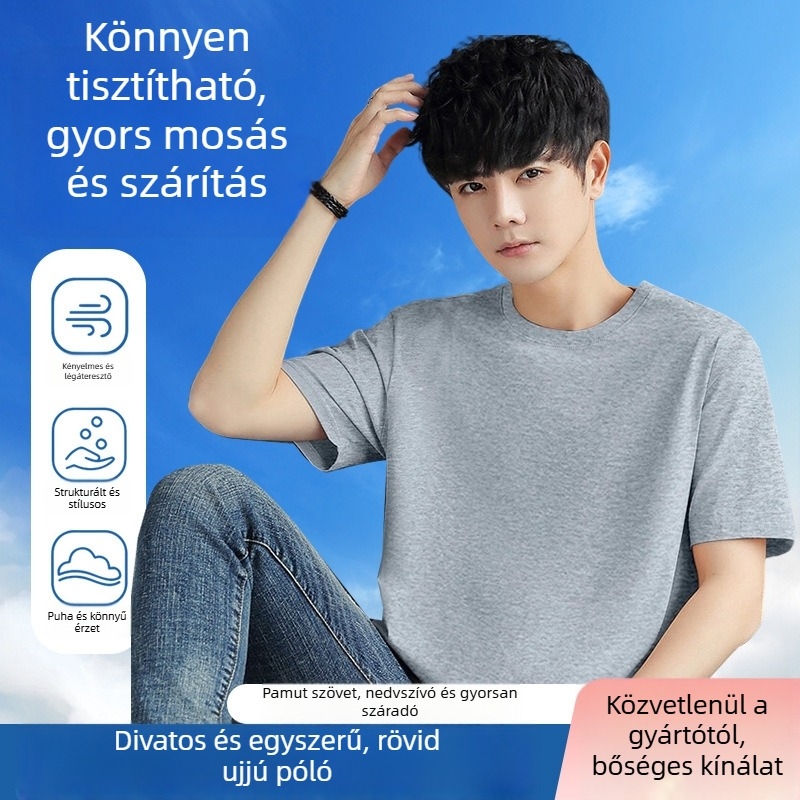 Férfi nyári rövid ujjú T-shirt kerek nyakkal, könnyű, lélegző pamut-keverék