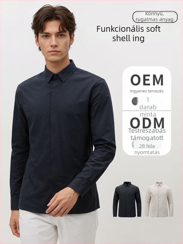 Férfi soft-shell poló, egyszínű, üzleti utazási stílus, hosszú ujjú, nyomtatott logóval