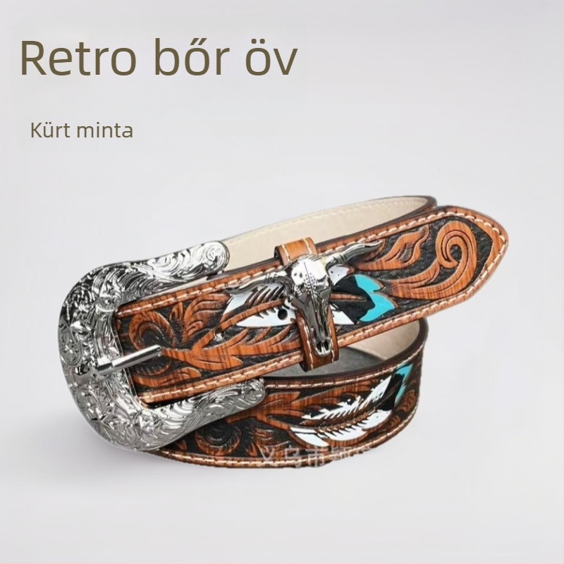 PU öv szarv alakú reliefes motívummal, western vintage stílusú farmerhez, 105 cm hosszú, 2–4 cm széles