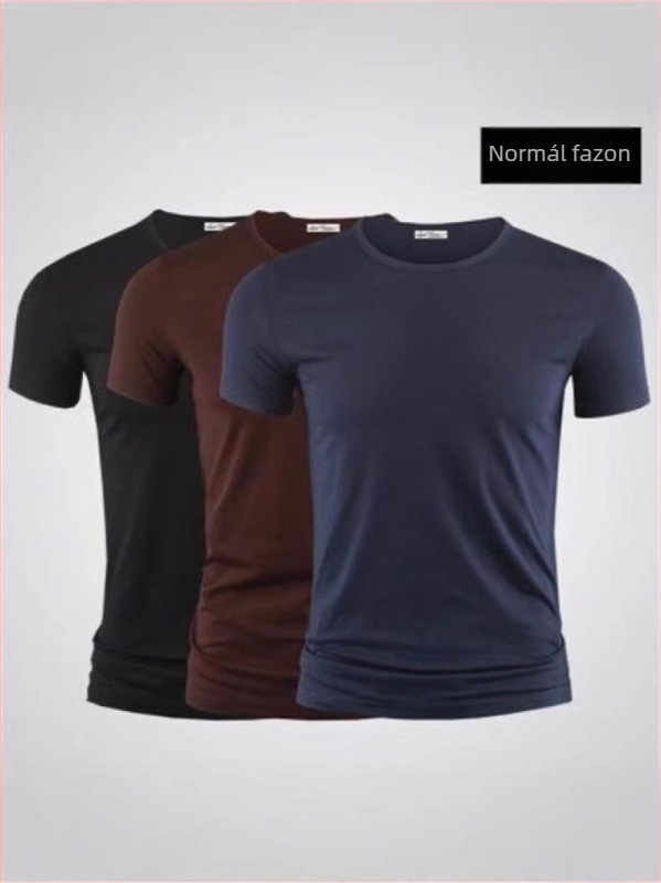 Férfi ice silk rövid ujjú póló, nyár, kerek nyak, csíkos mintás, V-nyak részlettel