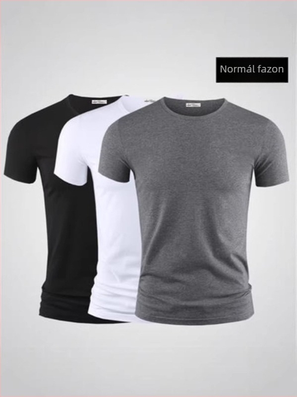 Férfi ice silk rövid ujjú póló, nyár, kerek nyak, csíkos mintás, V-nyak részlettel