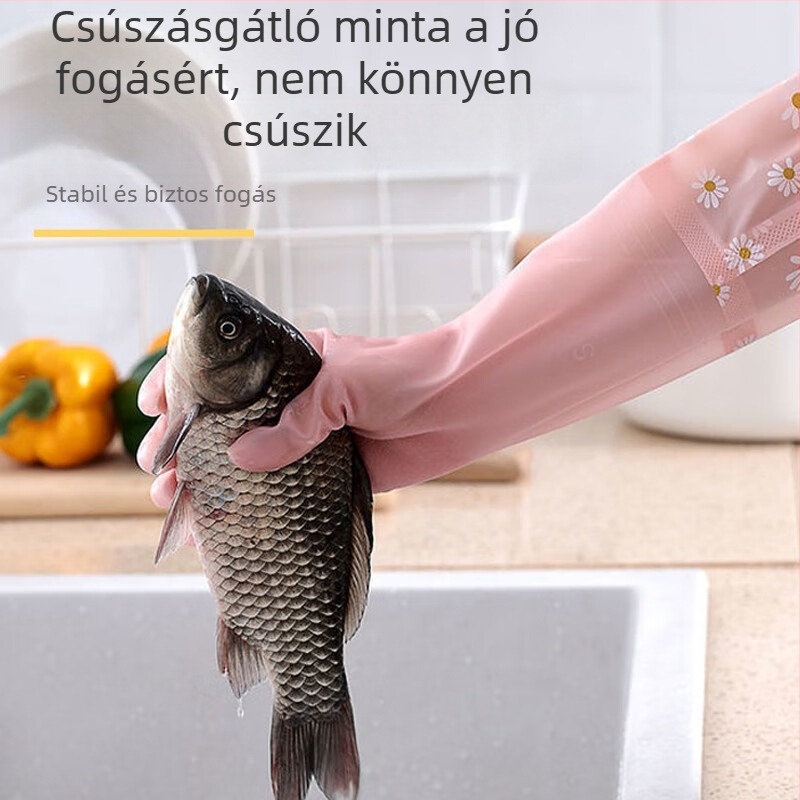 Fleece-béléssel ellátott hosszú mosogatókesztyűk konyhai és háztartási tisztálkodáshoz, kopásálló és vízálló, 48 cm hosszú