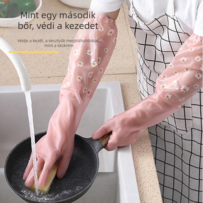 Fleece-béléssel ellátott hosszú mosogatókesztyűk konyhai és háztartási tisztálkodáshoz, kopásálló és vízálló, 48 cm hosszú
