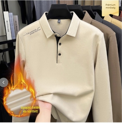 Férfi fleece-béléssel ellátott poloing, 2025-őszi-téli, kiváló minőségű üzleti casual, vastag meleg, hosszú ujjú galléros