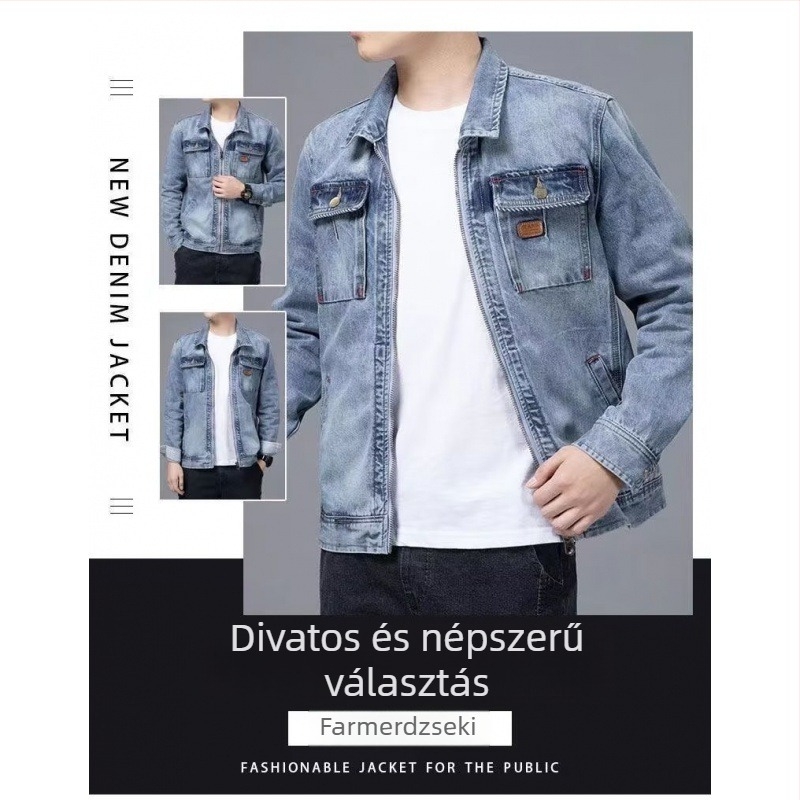 Férfi denim dzseki, 2024 tavasz–ősz, cipzár, koreai stílus, slim fit, retro, casual, sokoldalú munkához