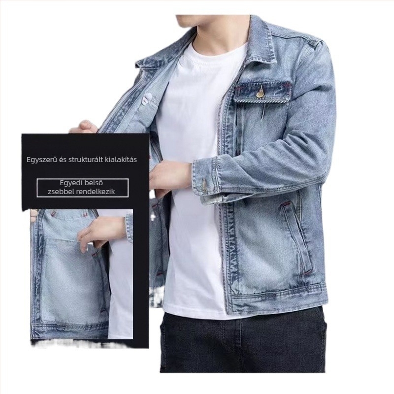 Férfi denim dzseki, 2024 tavasz–ősz, cipzár, koreai stílus, slim fit, retro, casual, sokoldalú munkához