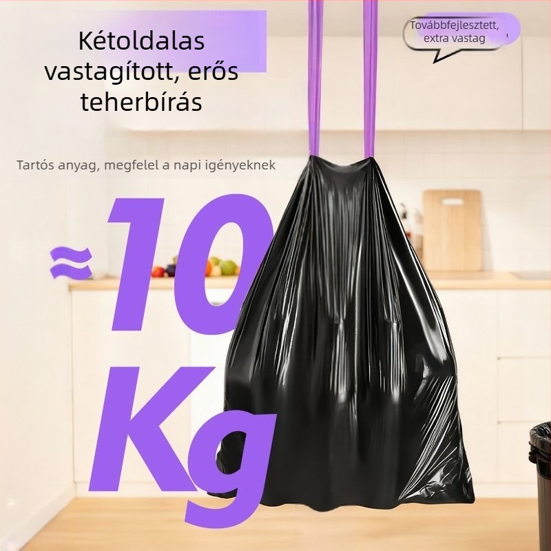 Konyhai szemeteszsákok falra szerelhetők, kötős zárással, vastag anyagú, fekete, családi kiszerelés kollégiumi konyhához