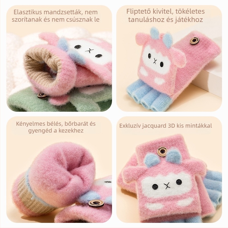 Gyerekeknek készült téli kesztyű, félujjas, lehajtható fedéllel, fleece-betétes, meleg