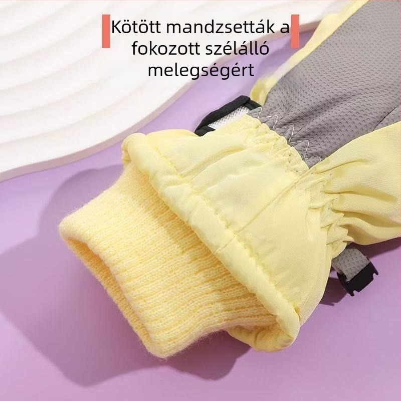 Gyerek síkesztyűk téli időszakra, vízálló és meleg, ötujjas, kültéri tevékenységekhez havon