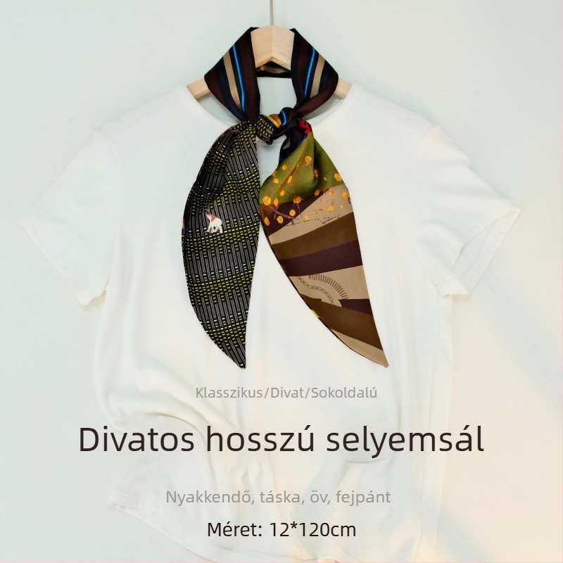 Női hosszú sál nyomtatott mintával, kávébarna árnyalat, diagonális dizájn, műszálas selyemhatású, poliészter, 12×120 cm