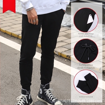 Férfi pamutból készült fleece-betétes tréningnadrág, keskeny szabású lábszár, cargo-stílusú, mandzsettával, hosszú sportos-napi nadrág