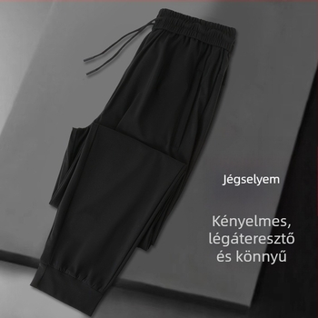 Férfi nyári slim-fit sportnadrág, fekete, ice silk anyagból, gyorsan száradó, lélegző, elasztikus derékkal és gumírozott véggel