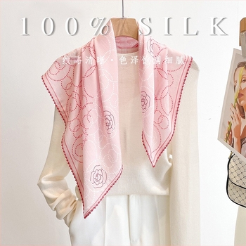 100% Mulberry selyem sál nőknek, lágy rózsaszín kamélia mintával, sokoldalú, magas minőségű, könnyű lux, négyszögletes sál 65x65 cm