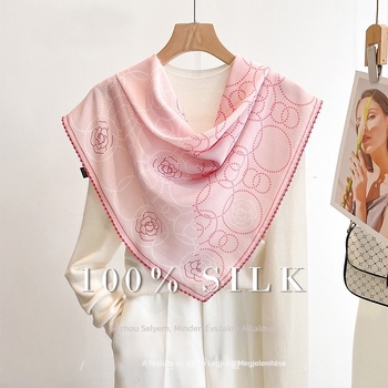 100% Mulberry selyem sál nőknek, lágy rózsaszín kamélia mintával, sokoldalú, magas minőségű, könnyű lux, négyszögletes sál 65x65 cm