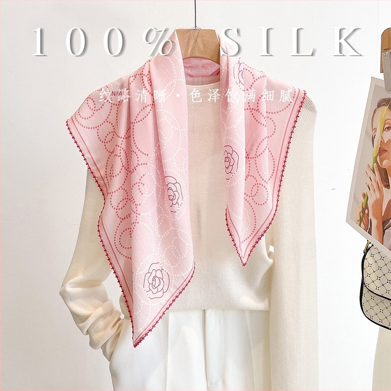 100% Mulberry selyem sál nőknek, lágy rózsaszín kamélia mintával, sokoldalú, magas minőségű, könnyű lux, négyszögletes sál 65x65 cm