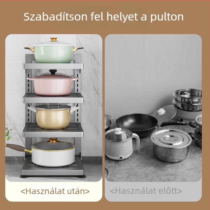 Padlón álló konyhai tároló, több emeletes állvány fazekak és zöldségek számára.