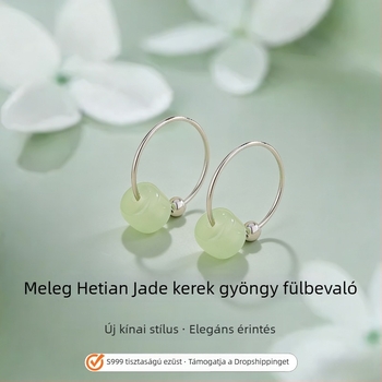 999 ezüst Hetian jade fülbevalók nőknek – könnyű luxus, magas színvonalú retro kínai stílus, minimalist karika fülbevalók
