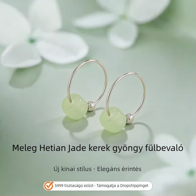 999 ezüst Hetian jade fülbevalók nőknek – könnyű luxus, magas színvonalú retro kínai stílus, minimalist karika fülbevalók