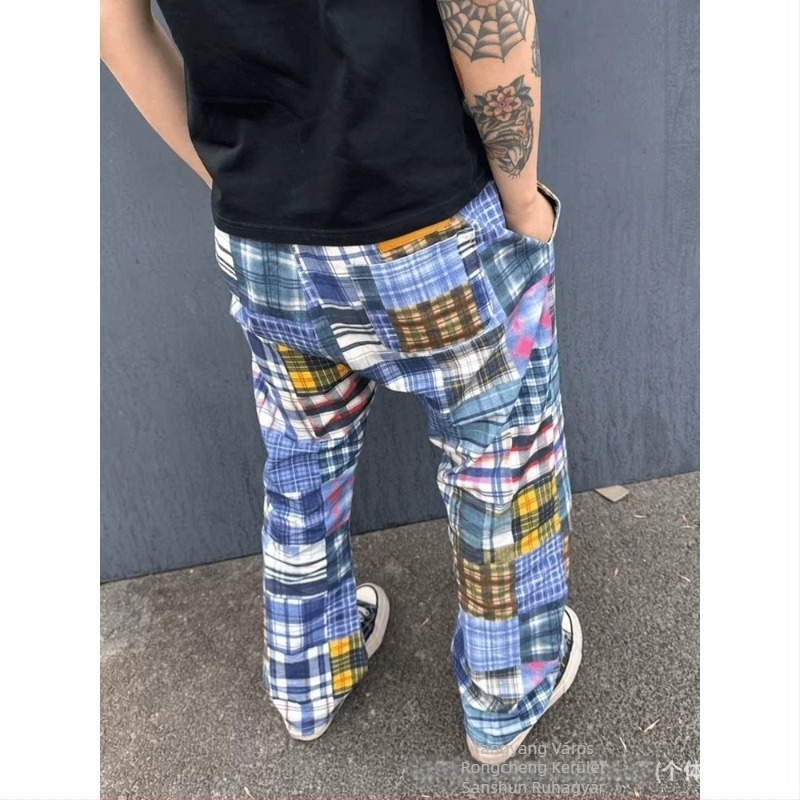 Férfiaknak színes nyomtatású patchwork farmernadrág, egyenes szabás, egyedi dizájn