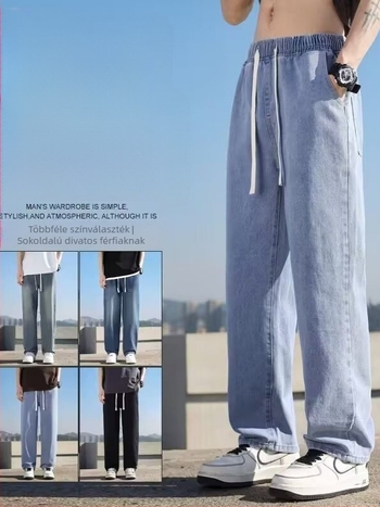 Férfiaknak világoskék farmer laza szabás, mosott denim, egyenes szár, elasztikus derék, mindennapi farmer