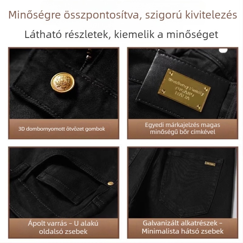 Magas minőségű őszi fekete férfi farmernadrág, slim straight szabás, elasztikus, színtartó, mindennapi hosszú nadrág