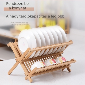 Két szintes bambusz edény- és tálrács lefolyóval, konyhához