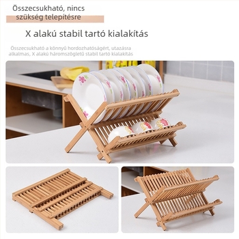 Két szintes bambusz edény- és tálrács lefolyóval, konyhához