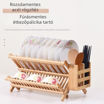 Két szintes bambusz edény- és tálrács lefolyóval, konyhához