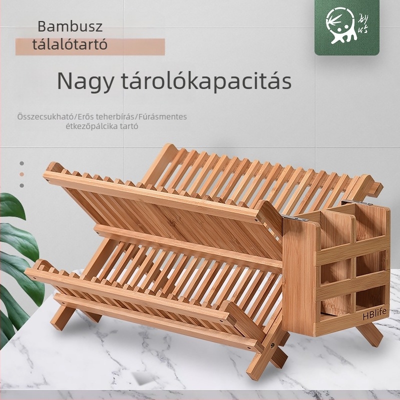 Két szintes bambusz edény- és tálrács lefolyóval, konyhához