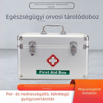 14 hüvelykes alumínium ötvözetű elsősegély doboz zárható, dupla rekeszes gyógyszer- és szerszámtartó, hordozható