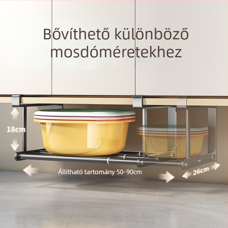 Kibővíthető alatti tároló polc mosdó alatti kosaras megoldással – fürdőszoba és cipők tárolására