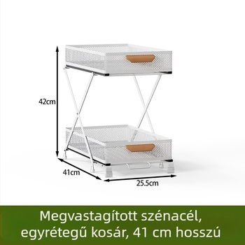 Szerelés nélküli konyhai tárolóállvány a mosogató alatt, állítható kihúzható kosárral és kettős rétegű fiókos tárolással egy mély szekrényben