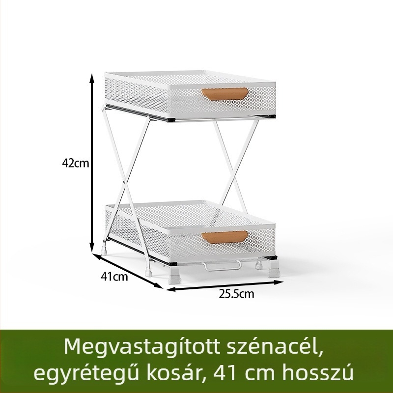 Szerelés nélküli konyhai tárolóállvány a mosogató alatt, állítható kihúzható kosárral és kettős rétegű fiókos tárolással egy mély szekrényben