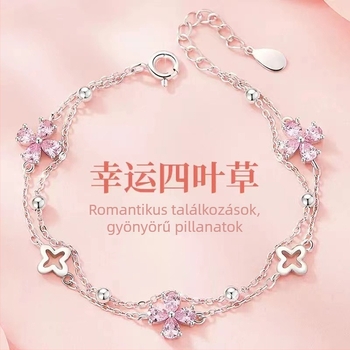 Női rózsaszín zirkonnel és négylevelű lóhere karkötő, új, elegáns, édes, két rétegű csuklódísz