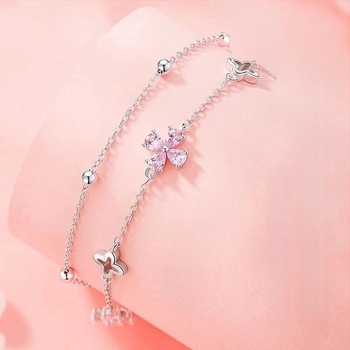 Női rózsaszín zirkonnel és négylevelű lóhere karkötő, új, elegáns, édes, két rétegű csuklódísz