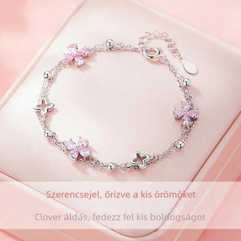 Női rózsaszín zirkonnel és négylevelű lóhere karkötő, új, elegáns, édes, két rétegű csuklódísz