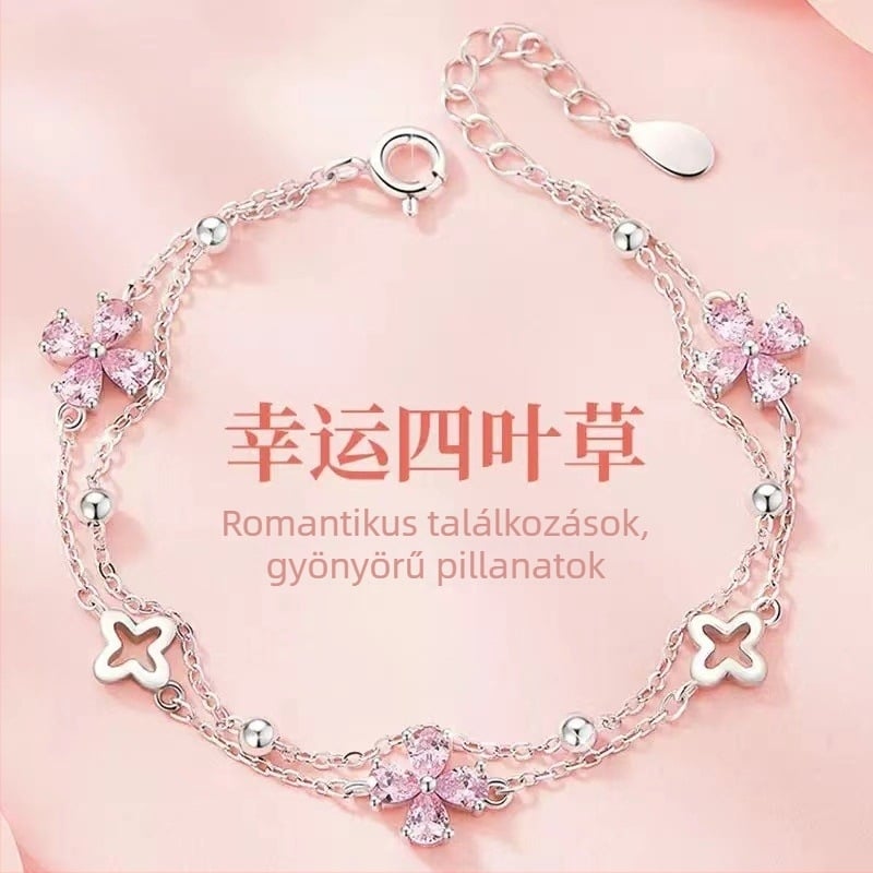 Női rózsaszín zirkonnel és négylevelű lóhere karkötő, új, elegáns, édes, két rétegű csuklódísz