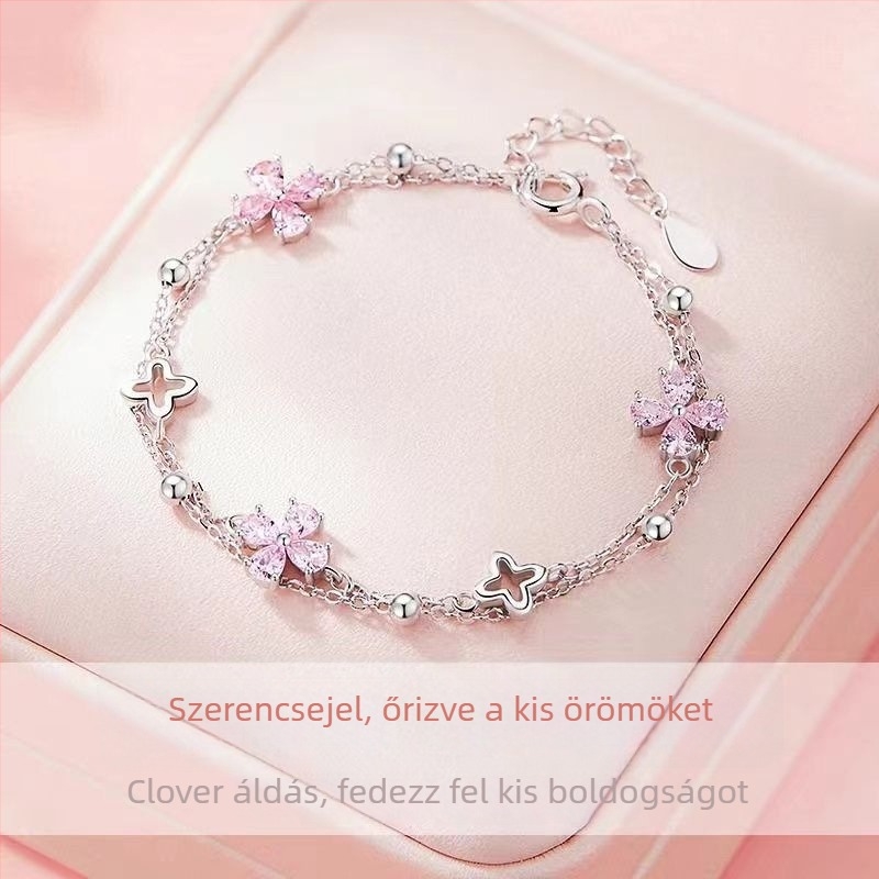 Női rózsaszín zirkonnel és négylevelű lóhere karkötő, új, elegáns, édes, két rétegű csuklódísz
