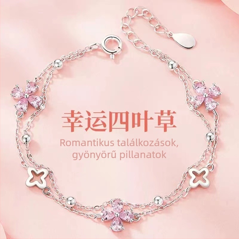 Női rózsaszín zirkonnel és négylevelű lóhere karkötő, új, elegáns, édes, két rétegű csuklódísz