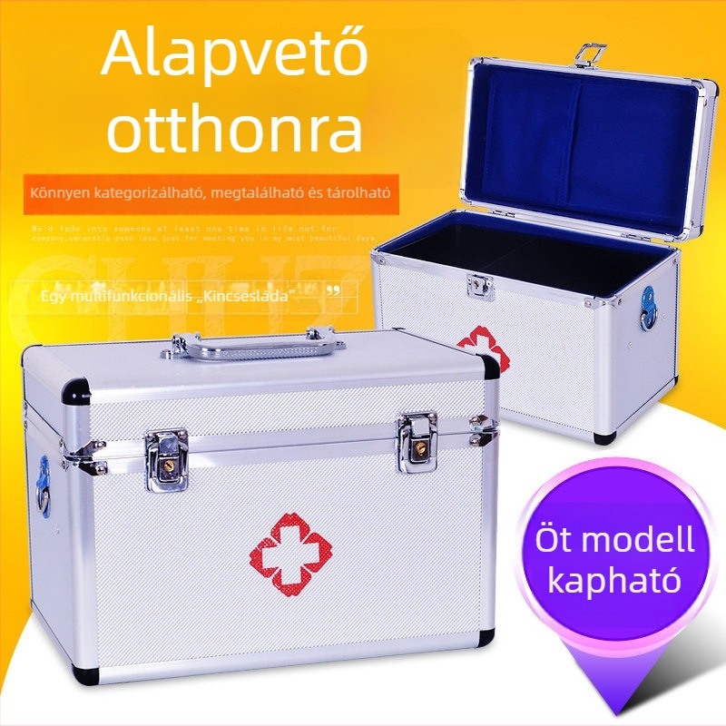 Hordozható orvosi doboz alumínium ötvözetből, nagy kapacitású, több rekeszes tároló, otthoni vagy kollégiumi használatra